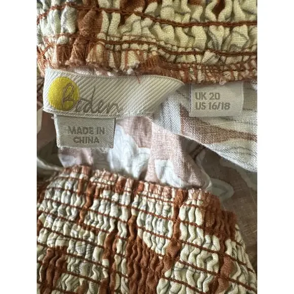 Boden Linen Shirred Waist Shorts Smocked Pull On Vine Coastal US Plus Size 16 18 - Picture 5 of 11